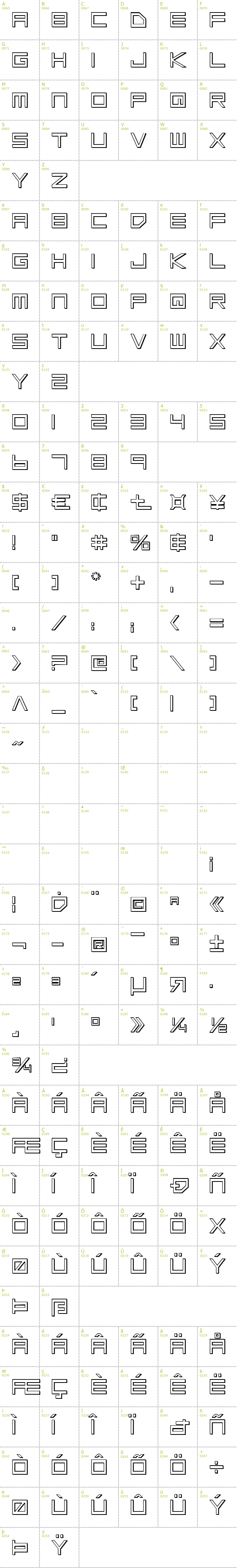 Full CharMap: Low Gun Screen Outline font