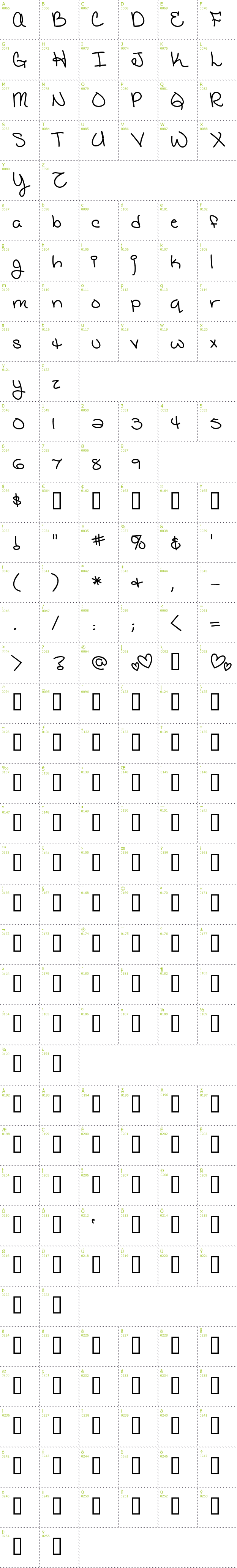 Full CharMap: Catholic School Girls BB font