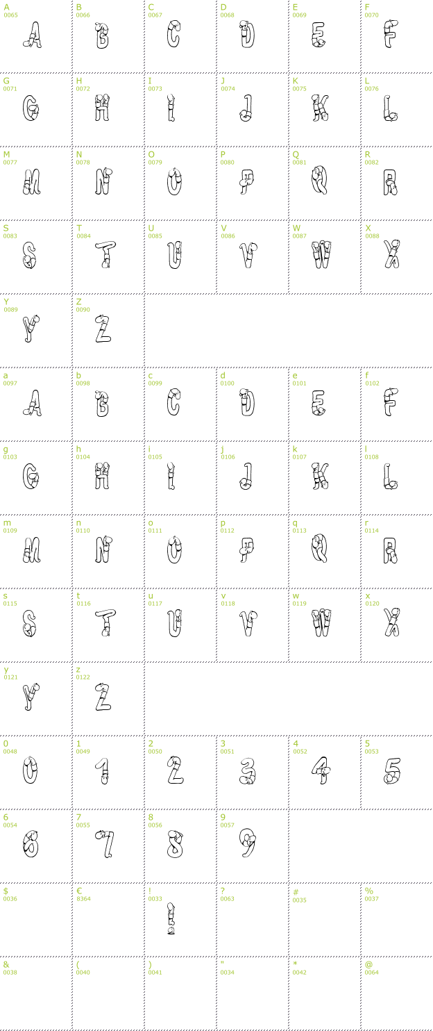 Character Mini-Map: Worm Beeline font