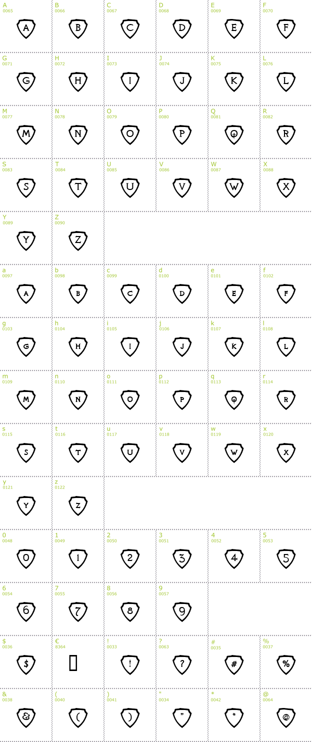 Character Mini-Map: Knights Quest Shielded font
