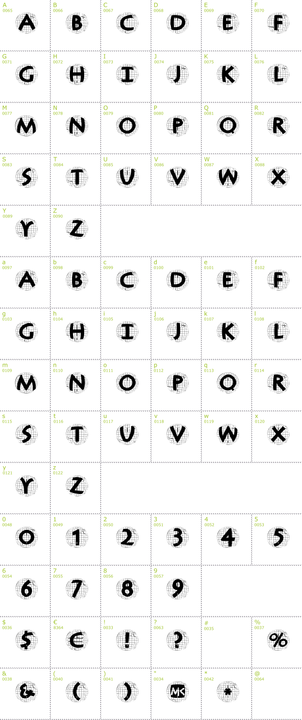 Character Mini-Map: Antiqua In Grid Balloons font