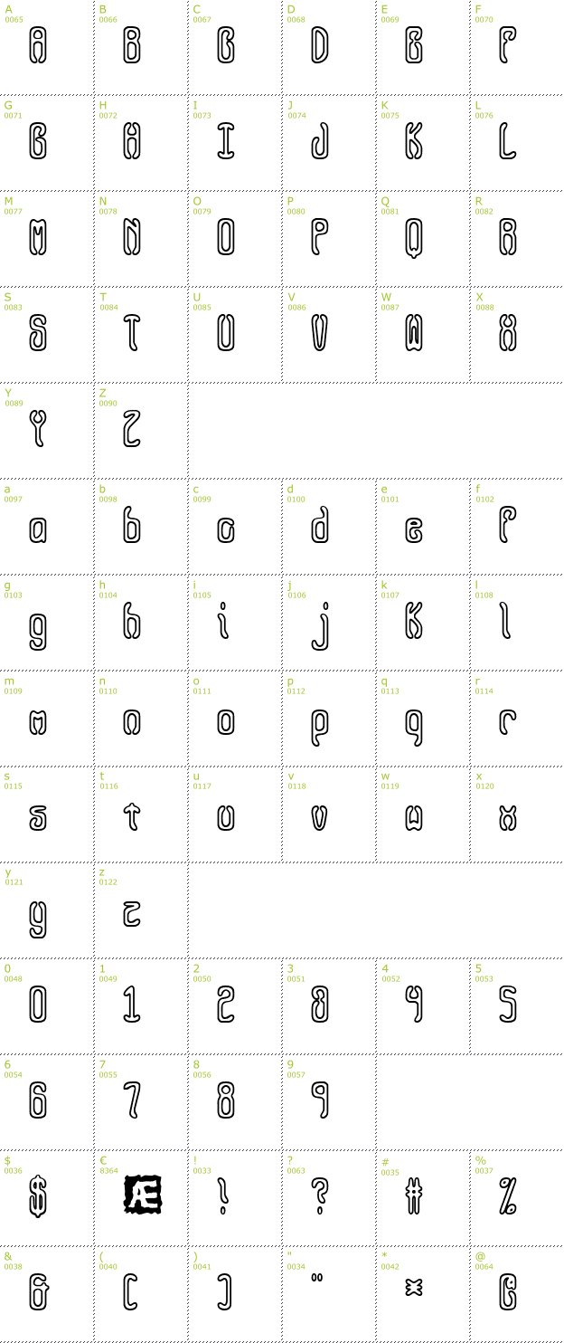 Character Mini-Map: Queasy Outline BRK font