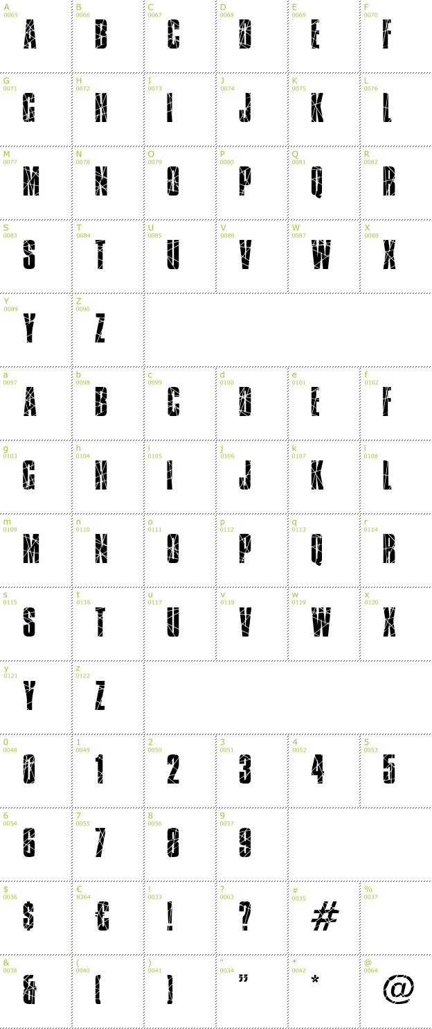 Character Mini-Map: Broken Glass font